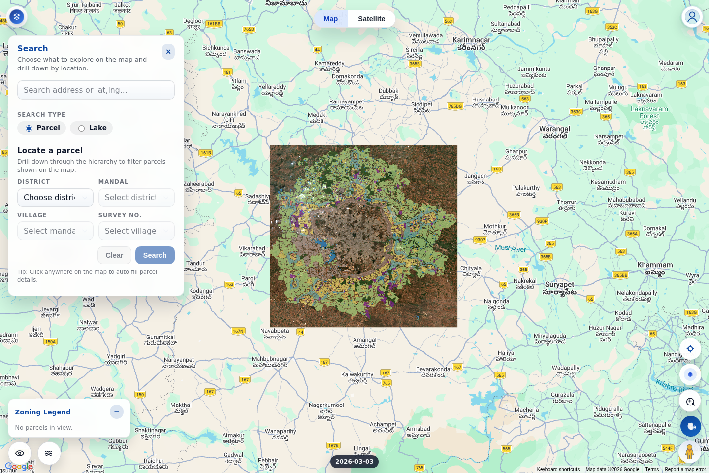 Land Lens web app — parcel search, zoning map and high-resolution satellite imagery overlay.