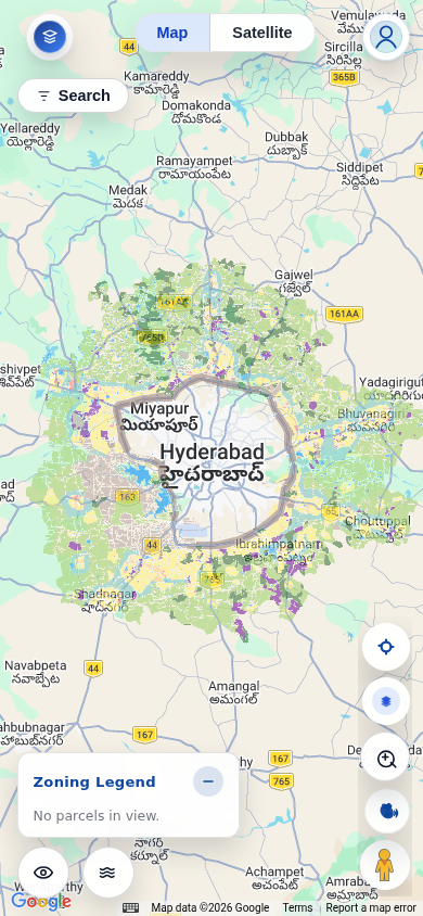 Land Lens Android app — zoning map over Hyderabad.